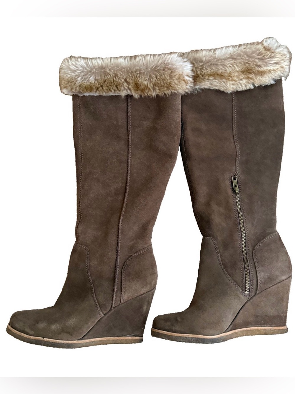 Splendid Brown Suede Wedge Knee-High Boots with Faux Fur Trim $289 8.5M